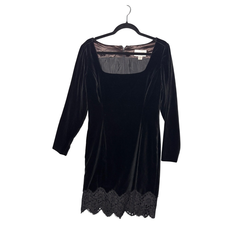 VTG Emanuel Ungaro Velvet Dress 10 Black Lace Hem Square Neck Goth Cocktail